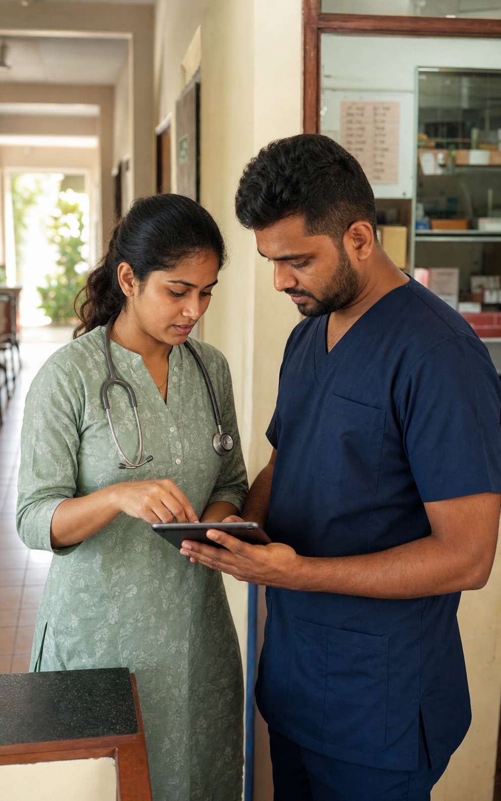 A Sri Lankan woman doctor and male nurse reviewing information on a tablet