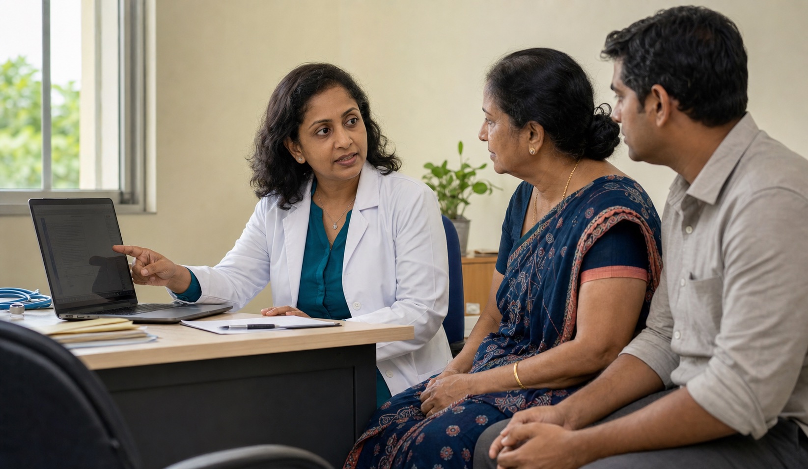 A Sri Lankan woman doctor discussing care with an older woman and her son